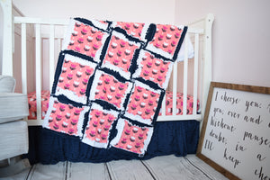 Coral Pink and Navy Blue Tulip Baby Girl Nursery Crib Bedding and Rag Quilt