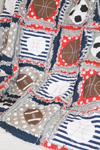 Sports Crib Bedding | Football Baseball Basketball, Sport Theme Rag Quilt, Many Sizes like Baby Blanket, Toddler Quilt, Twin Quilt for Boy