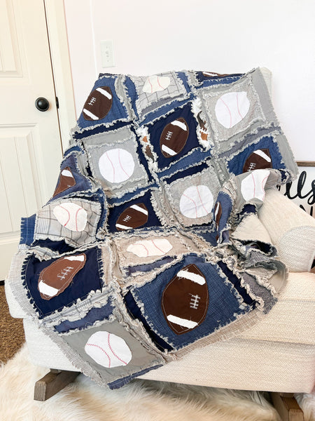 Sports Nursery Bedding Handmade Quilts for Sale, Sports Theme Rag Quilt, Baby Boy