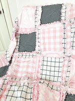 Pink and Black Baby Girl Rag Quilt, Baby Girl Quilts, Toile Plaid Handmade Quilts Baby Girl Bedding