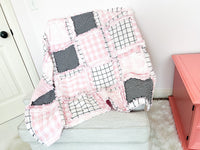 Pink and Black Baby Girl Crib Quilt, Baby Girl Quilts, Toile Plaid Handmade Rag Quilts Baby Girl Bedding