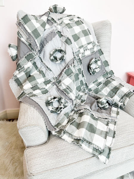 Sage Green and Gray Flower Rag Quilt, Baby Girl Quilts, Buffalo Plaid Floral Baby Blanket and Toddler Bedding Girl