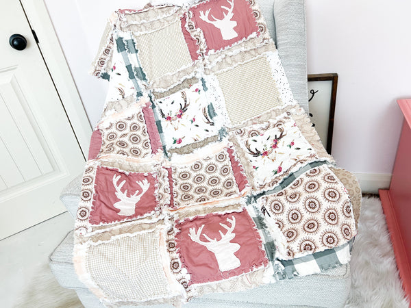 Deer Baby Girl Crib Size Quilt, Girl Quick Ship Quilts, Mauve Pink, Sage Green, Cream Tan Baby Crib Size Blanket for Girls