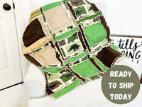 Dinosaur Baby Boy Rag Quilt Crib Bedding, Baby Boy Quilts, Ready to Ship Tan Green Handmade Quilt for Sale for Boys