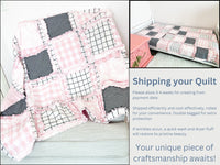 Pink and Black Baby Girl Rag Quilt, Baby Girl Quilts, Toile Plaid Handmade Quilts Baby Girl Bedding