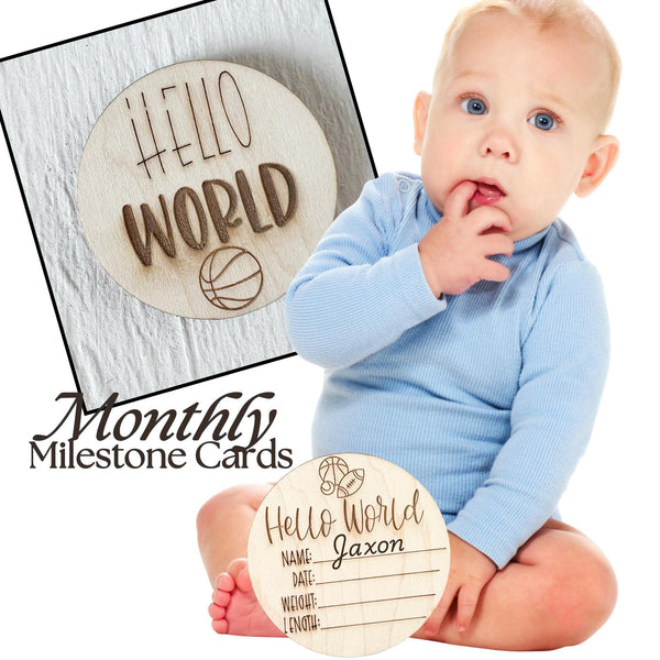 Adoption Wooden Announcement, Baby & Kid Stats Disc, 5x5 inches Sports Baby Shower Gift for Boys