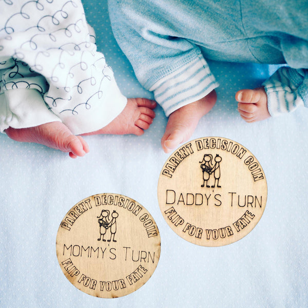 Wooden Parent Decision Coin – 3x3 Inches Engraved Baby Design | "Mom's Turn" & "Dad's Turn" New Parent Gift