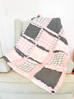 Pink and Black Baby Girl Rag Quilt, Baby Girl Quilts, Toile Plaid Handmade Quilts Baby Girl Bedding