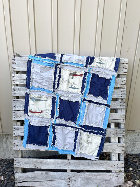 vintage aviation style Airplane Navy Blue, Gray Boy Baby Rag Quilt Crib Bedding Nursery Decor. Available in baby blanket, mini crib quilt, crib quilt, toddler bedding, and twin size quilts for your bedroom decorations for children, baby&#39;s, kids