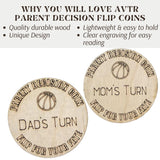 Basketball Wooden Parent Decision Coin – 3x3 Inches Engraved Baby Design | Sports Themed "Mom's Turn" & "Dad's Turn" New Parent Gift