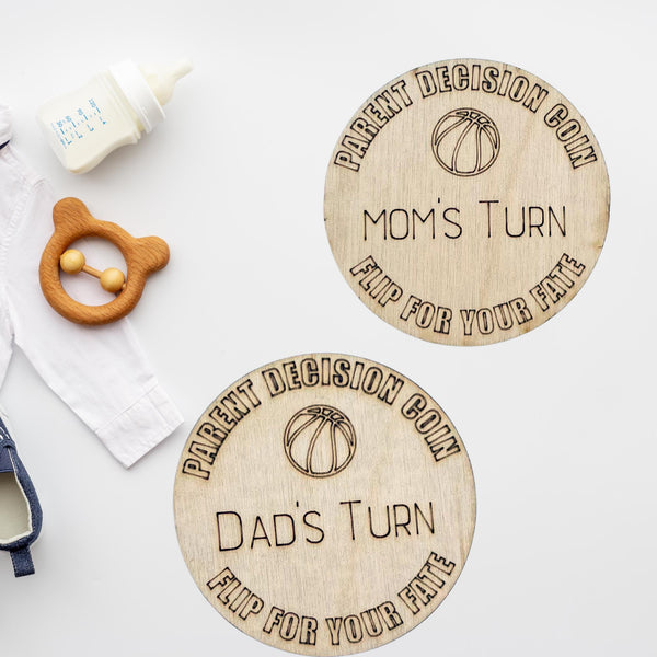 Basketball Wooden Parent Decision Coin – 3x3 Inches Engraved Baby Design | Sports Themed "Mom's Turn" & "Dad's Turn" New Parent Gift