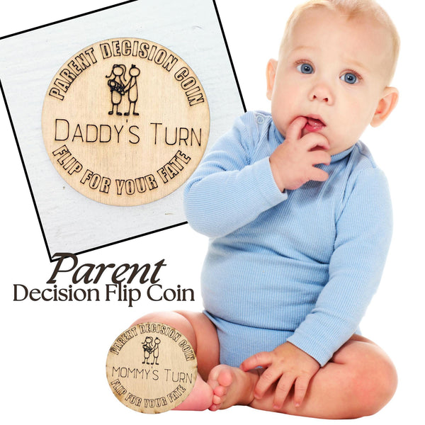 Wooden Parent Decision Coin – 3x3 Inches Engraved Baby Design | "Mom's Turn" & "Dad's Turn" New Parent Gift