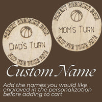 Basketball Wooden Parent Decision Coin – 3x3 Inches Engraved Baby Design | Sports Themed "Mom's Turn" & "Dad's Turn" New Parent Gift