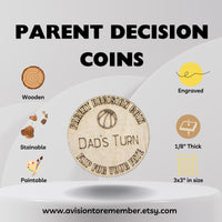 Basketball Wooden Parent Decision Coin – 3x3 Inches Engraved Baby Design | Sports Themed "Mom's Turn" & "Dad's Turn" New Parent Gift