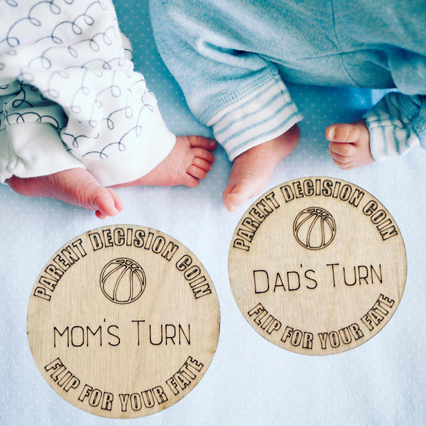 Basketball Wooden Parent Decision Coin – 3x3 Inches Engraved Baby Design | Sports Themed "Mom's Turn" & "Dad's Turn" New Parent Gift