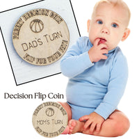 Basketball Wooden Parent Decision Coin – 3x3 Inches Engraved Baby Design | Sports Themed "Mom's Turn" & "Dad's Turn" New Parent Gift